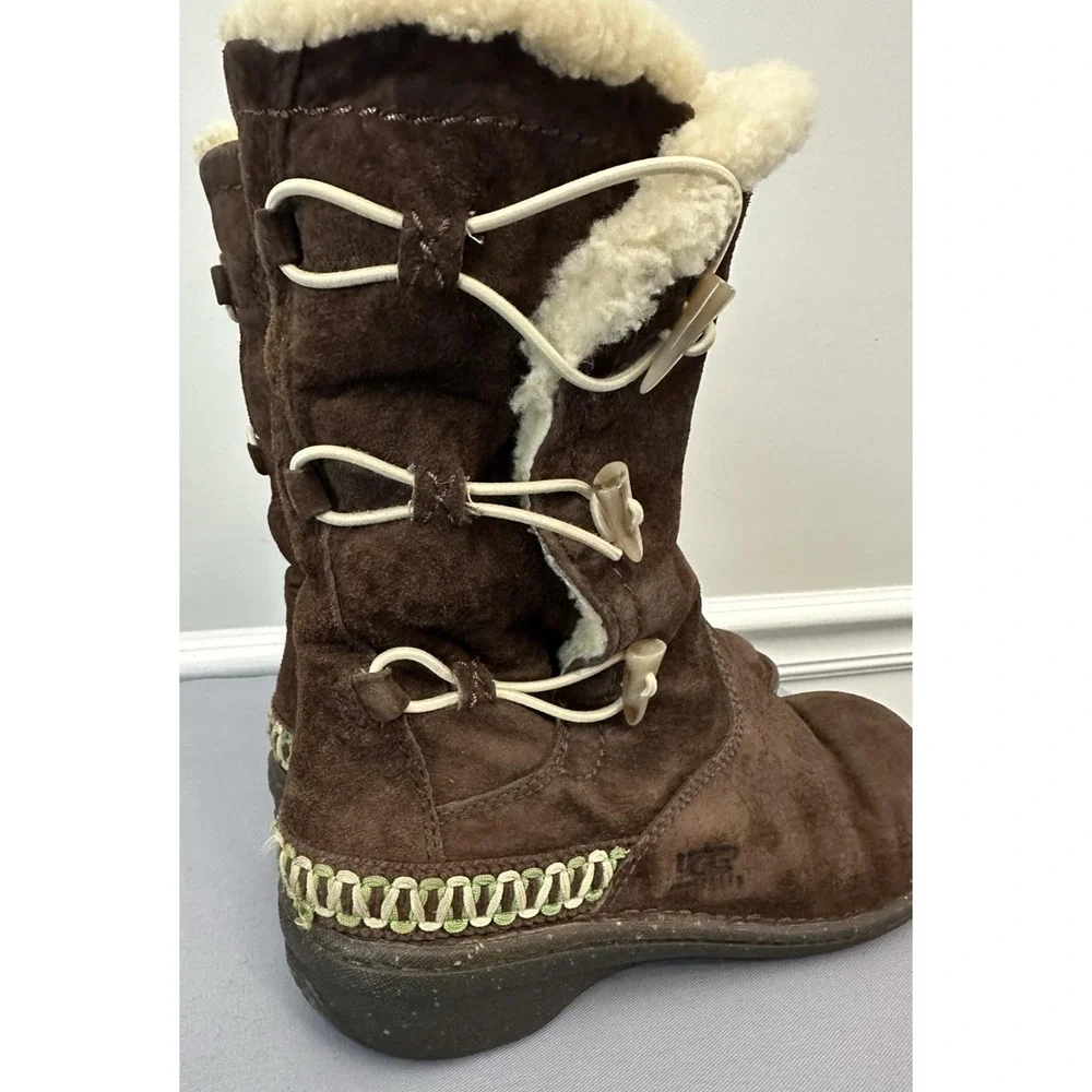 UGG Shearling Boots Kona Womens Size 9 Brown Suede Mid Calf Toggle Sheepskin